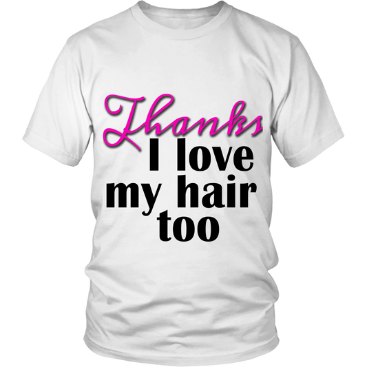 Adult Tee "I love my hair too" (black/pink print)